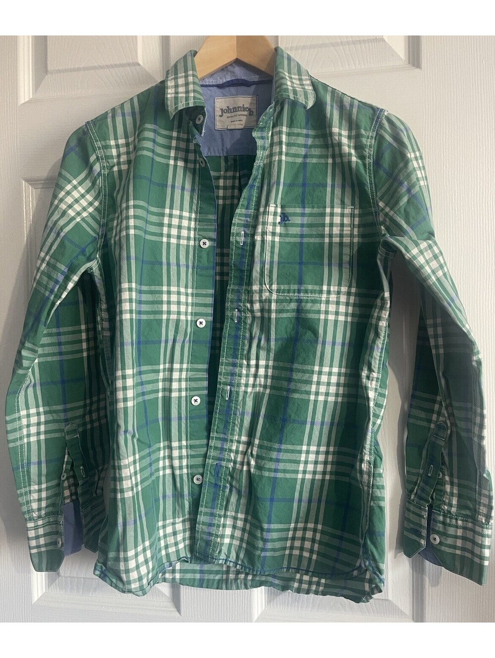 Johnnie B Shirt Button Up Boys 11-12Y Plaid Green Blue Collar Cotton Logo Pocket